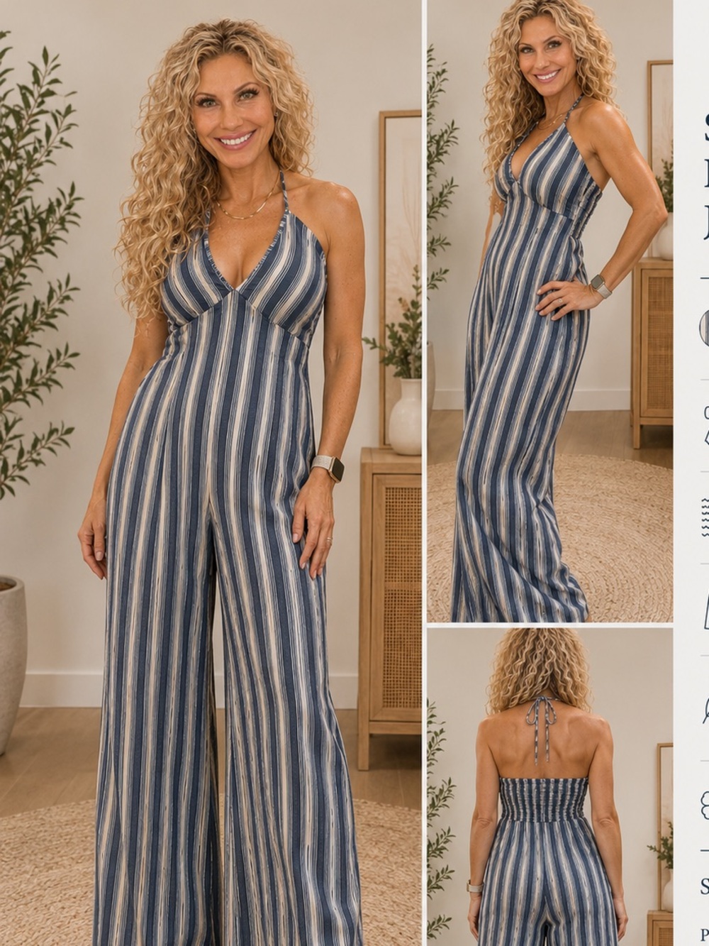 Cupshe Striped Halter Wide-Leg Jumpsuit in Navy & White - Picture 1 of 9